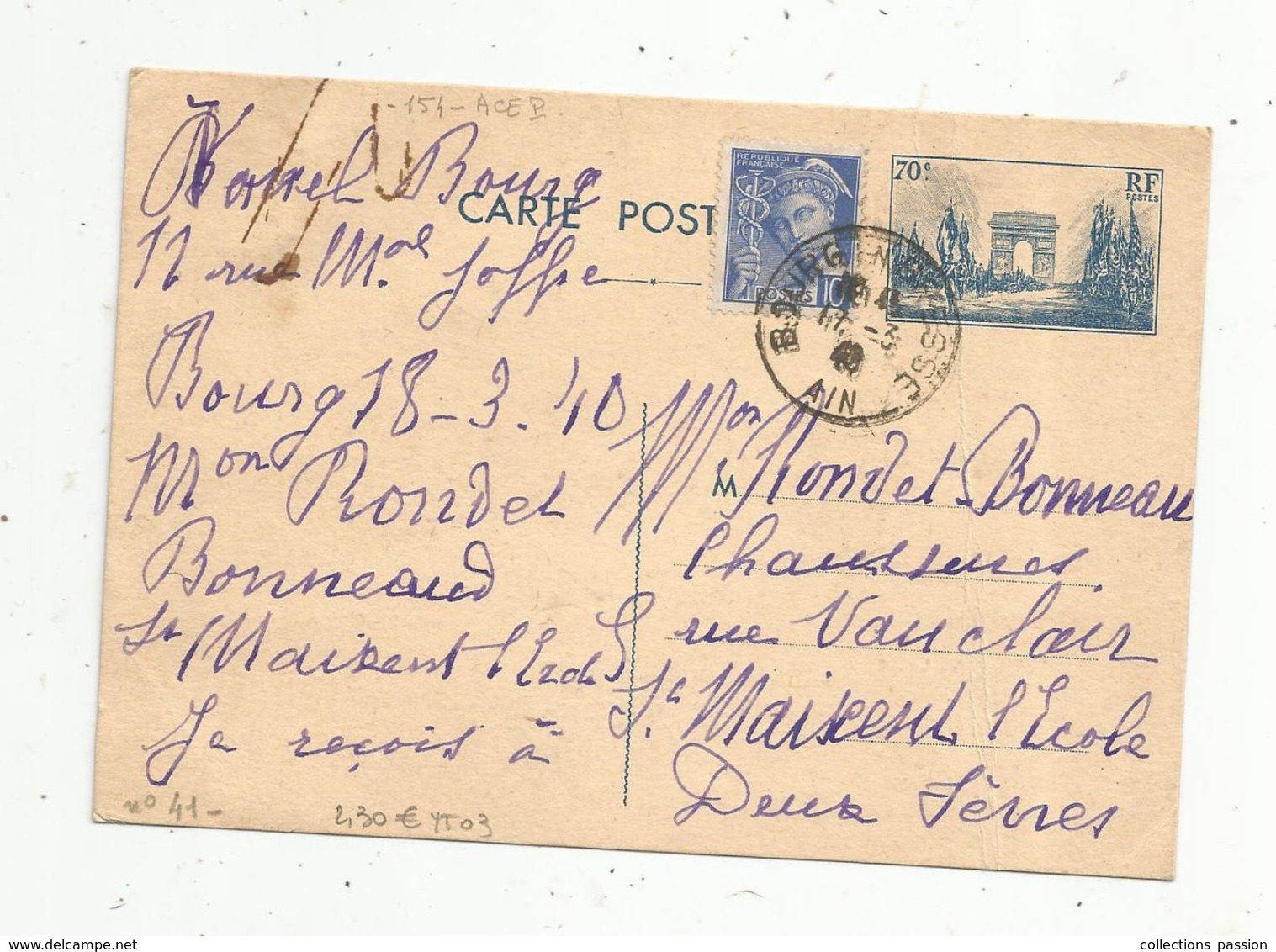 Sur Carte Postale , ENTIER POSTAL , 70c ,  BOURG EN BRESSE , 1940 - Standard Postcards & Stamped On Demand (before 1995)