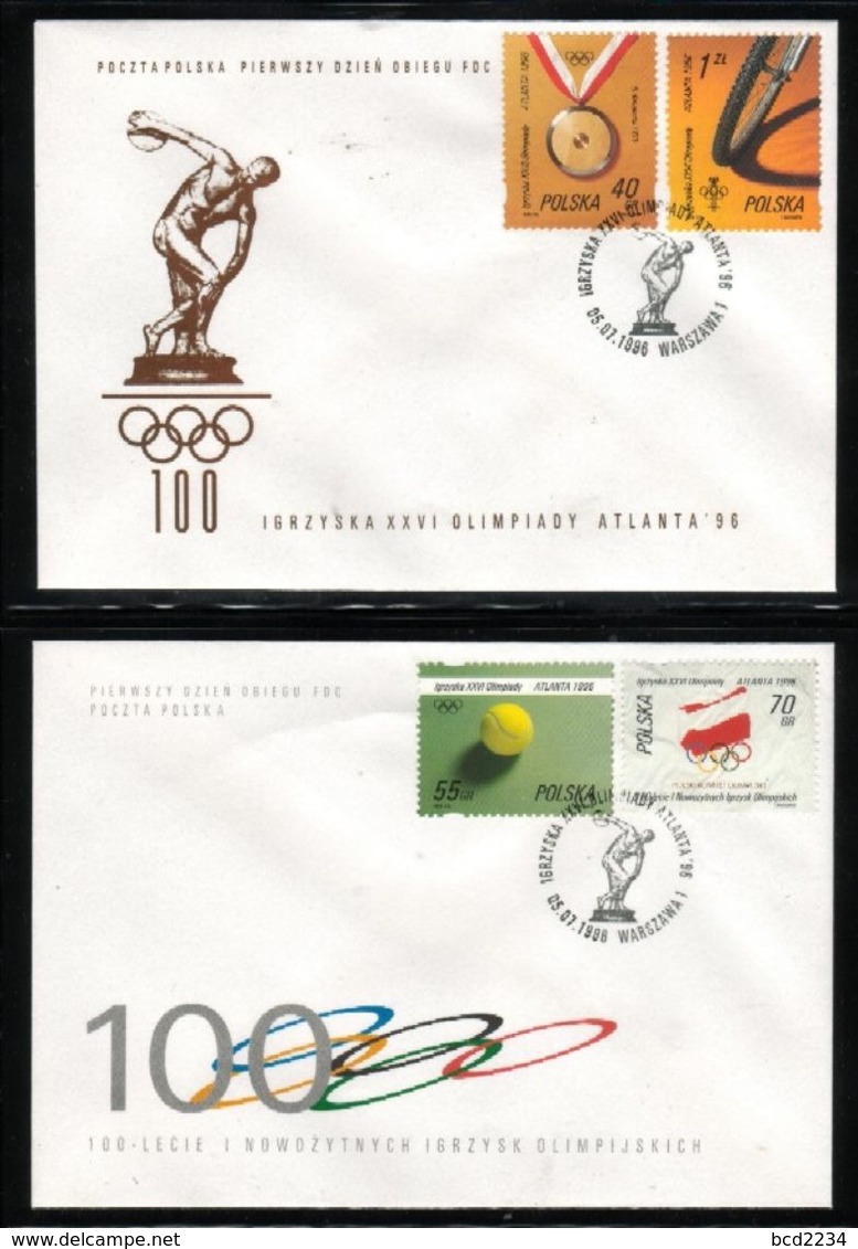 POLAND FDC 1996 OLYMPIC GAMES ATLANTA USA & CENTENARY OF THE MODERN GAMES TENNIS BALL BICYCLE WHEEL DISCUS EMBLEM GOLD - Estate 1996: Atlanta