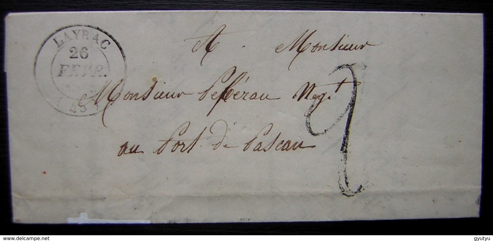 Layrac (Lot Et Garonne) 26 Février 1849 Lettre Pour Le Port De Pascau (Monsieur Pébereau) - 1849-1876: Periodo Classico