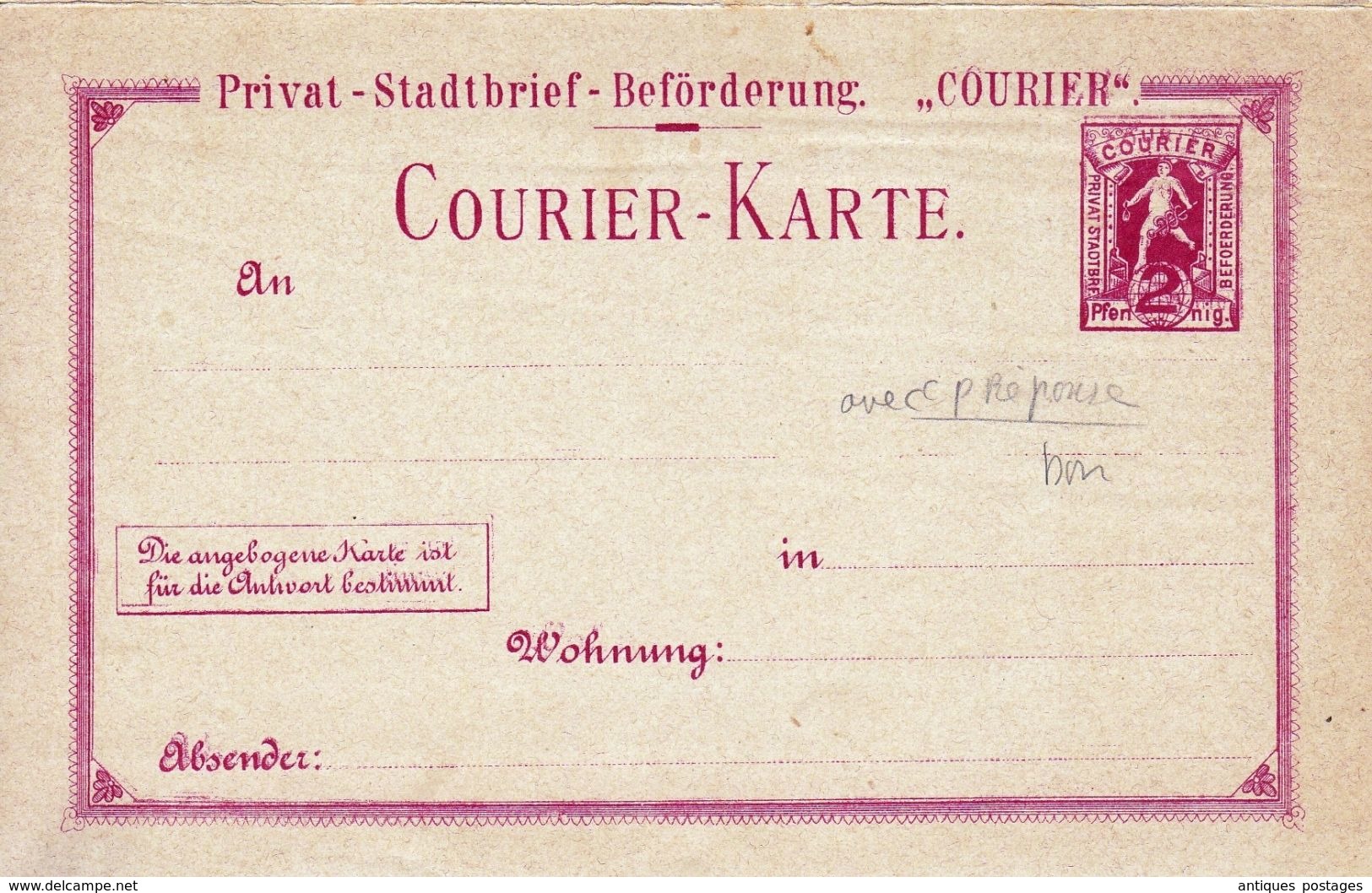 Entier Postal Courier Karte Private Stadtpost 2 Pfennig Brief-Beförderung - Sonstige & Ohne Zuordnung