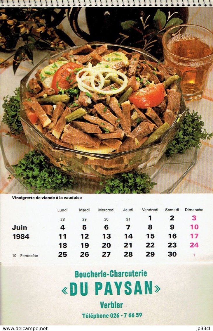 Calendrier 1984 De La Boucherie Du Paysan (Verbier, Suisse) Avec 24 Recettes De Plats De Viande Et 12 Photos Couleurs - Grand Format : 1981-90