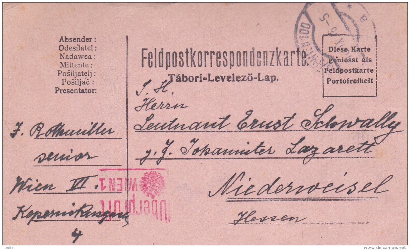Feldpost WW1:  To A Leutenant In A Johanitter Lazarett In Hessen P/m Wien  10.9.1915 - Plain Postcard (T12-44) - Militaria