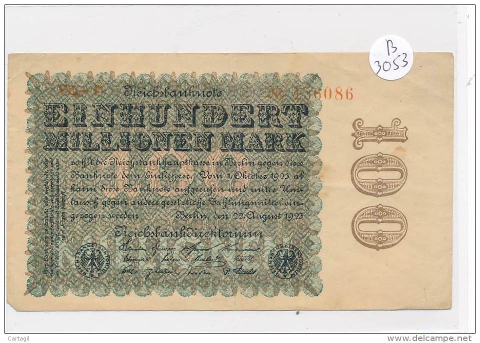 Billets -B3053- Allemagne - 100 Millionen  Mark 1923 (type, Nature, Valeur, état.) - 100 Millionen Mark