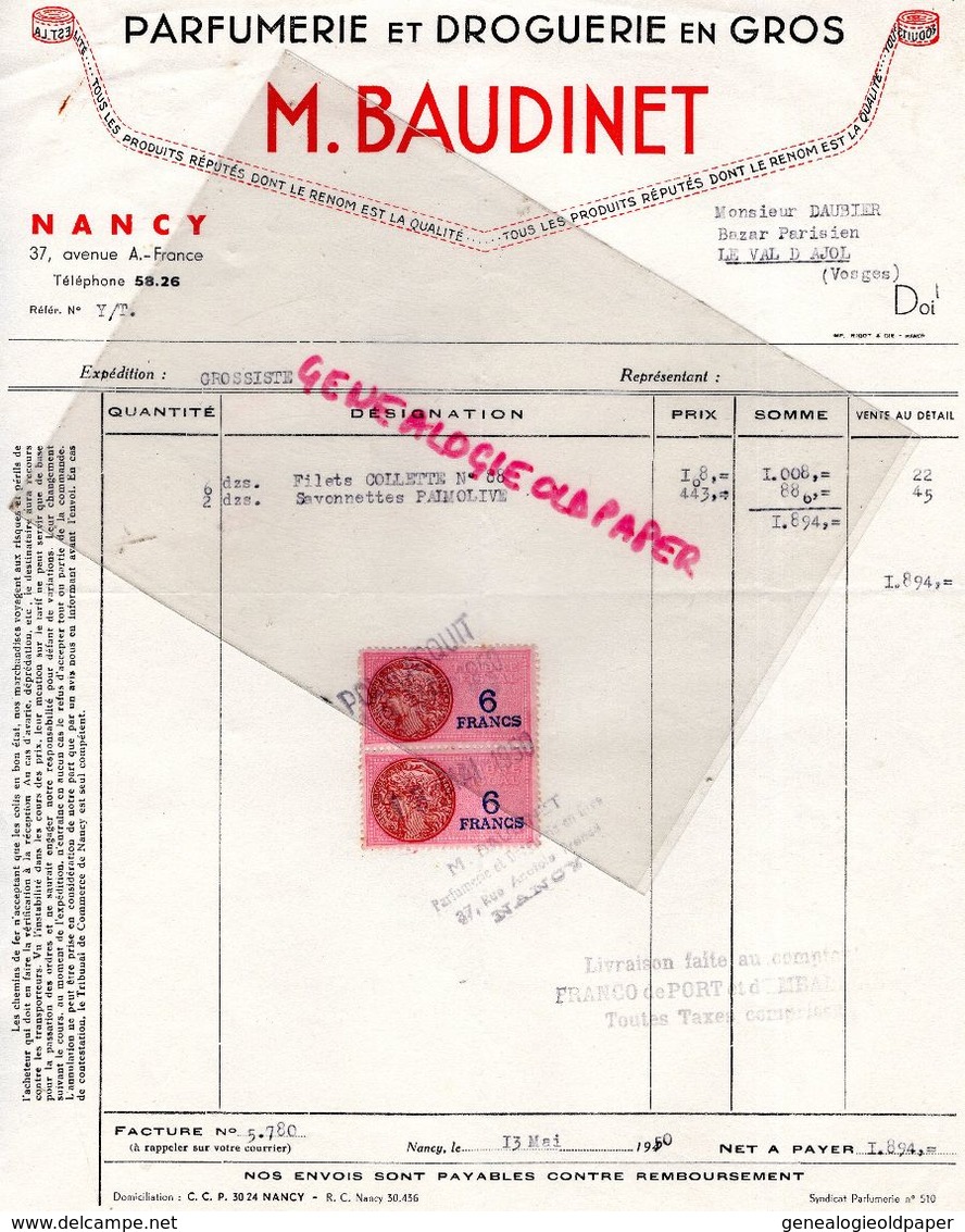 54- NANCY- FACTURE PARFUMERIE DROGUERIE M. BAUDINET-37 AVENUE A. FRANCE- 1950 PARFUM PARFUMEUR - Drogisterij & Parfum
