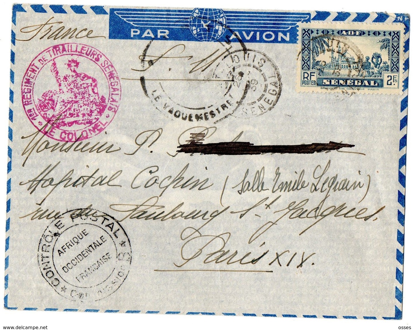 LETTRE PAR AVION De St.LOUIS à PARIS 1939 Hôpital Cochin - Sénégal (1960-...)