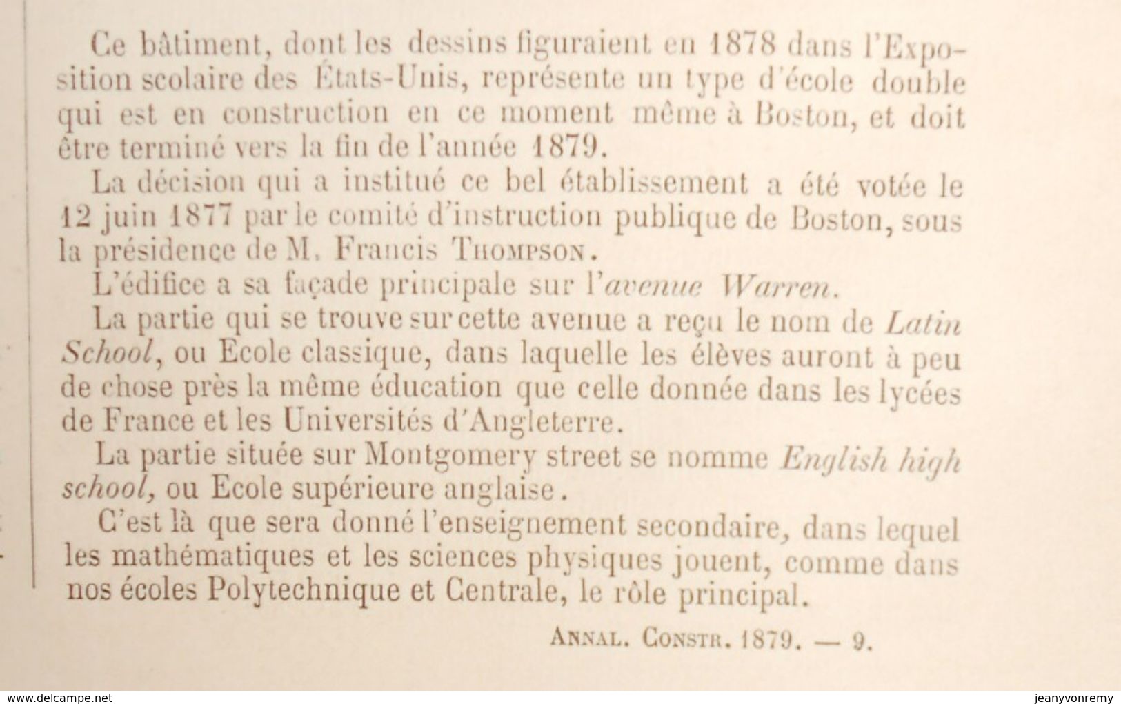 Plan De L'école Supérieure Anglaise Et Lycée Des études Classiques De Boston Pour 1800 élèves. Etats Unis. 1879 - Arbeitsbeschaffung