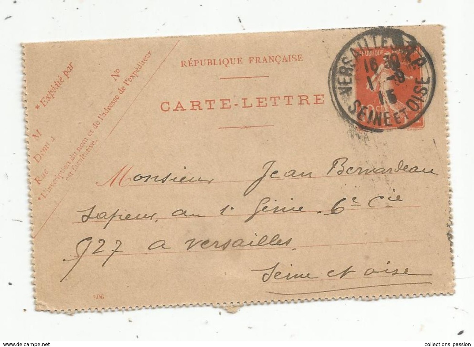 Carte Lettre , ENTIER POSTAL ,  VERSAILLES R. P. ,  1915 - Cartes-lettres