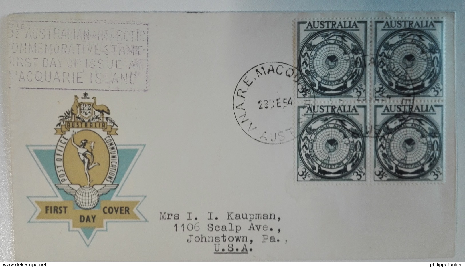 AAT  Cover FDC Cancelled  Macquarie Isl.  23 Dec 54 On Block Four 3 ½d - Lettres & Documents