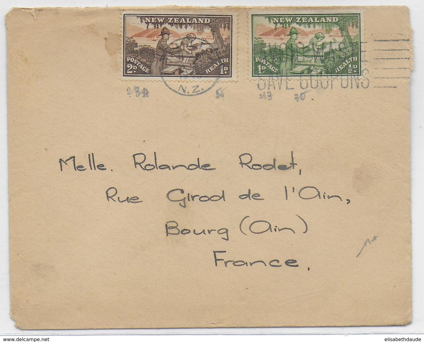 NEW ZEALAND - 1946 - ENVELOPPE => BOURG (AIN) - Covers & Documents