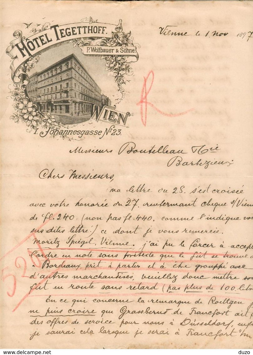 Autriche - Lettre Avec Entête Novembre 1897 - Hôtel Tegetthoff - Vienne Pour Barbezieux (France) - Autriche