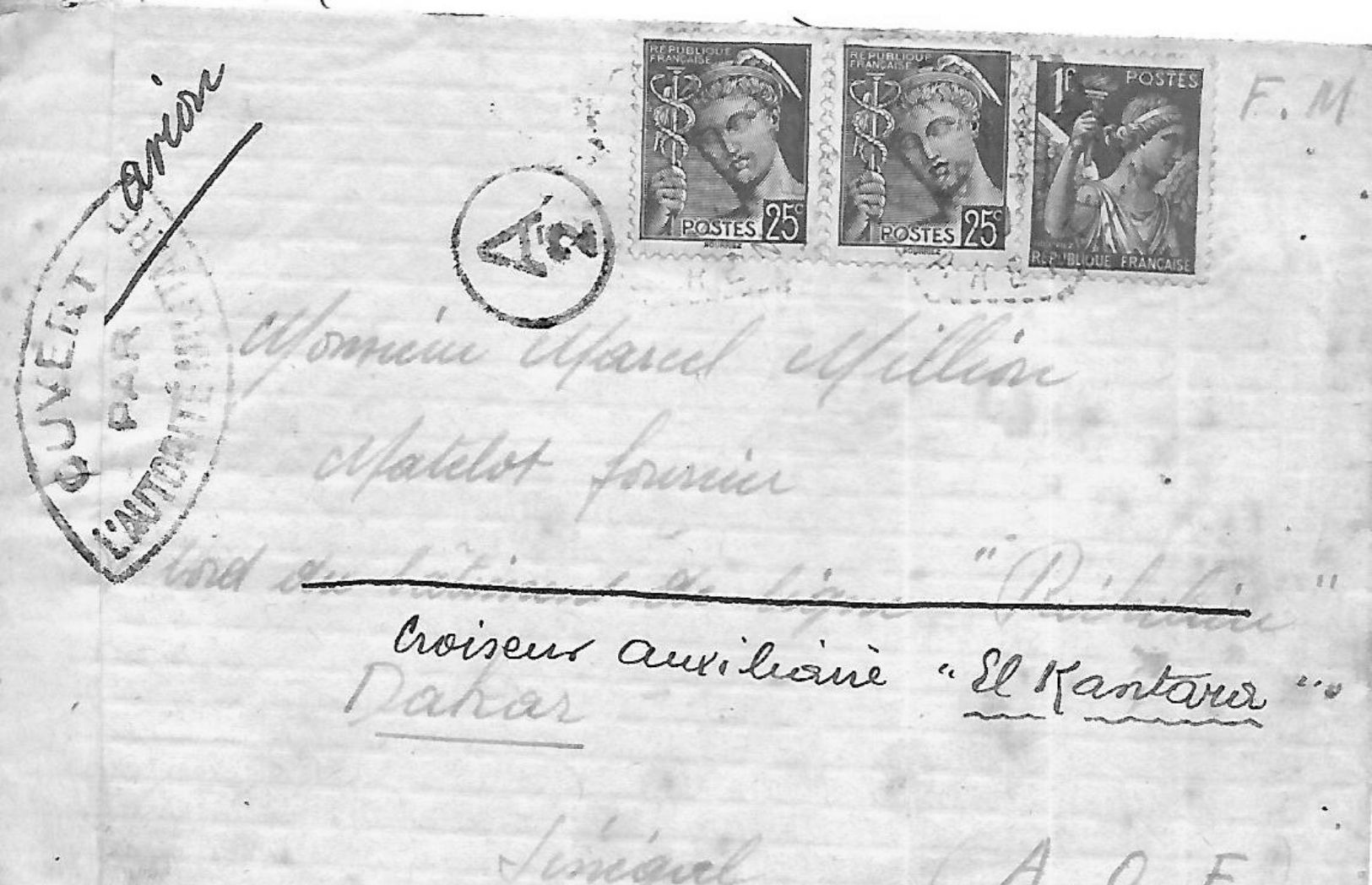 Lettre Pour Le Croiseur Auxiliaire "El Kantara" à Dakar Avec Censure - Guerre De 1939-45