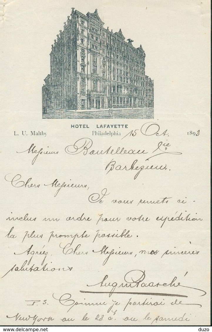 Etats Unis - Lettre Avec Entête De 1893 - Hôtel Lafayette - Philadelphie - Philadelphia  ( Pensylvanie) Pour La France. - Etats-Unis