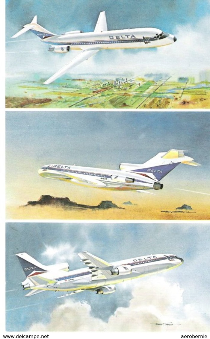DELTA AIRLINES - 3-Bild-Karte Paintings DC-9 / B727 / L-1011 (Airline Issue) XXL-Card - 1946-....: Moderne