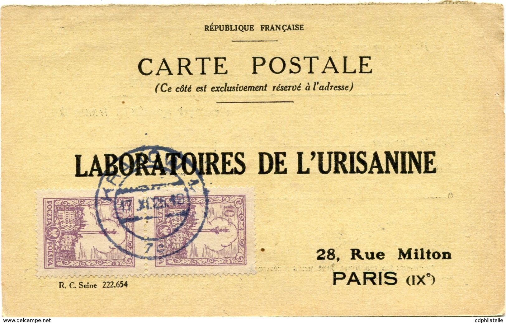 POLOGNE CARTE POSTALE BON POUR UN FLACON ECHANTILLON D'URISANINE DEPART KRAKOW 17 XI 25 POUR LA FRANCE - Covers & Documents