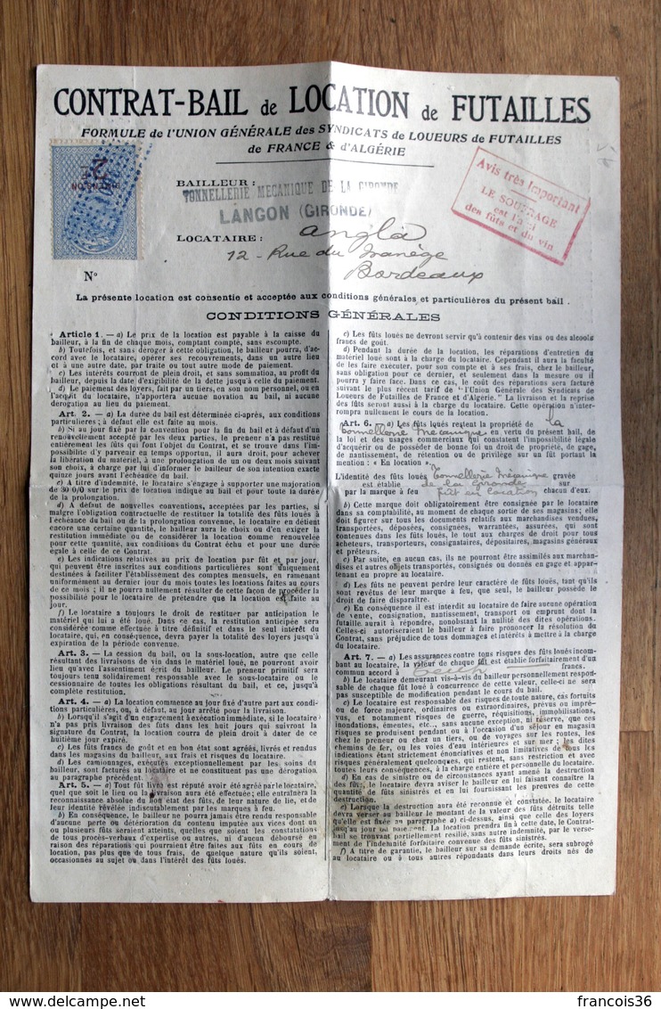 Contrat Bail De Location De Futailles : Tonnellerie De LANGON Gironde En 1922 - Banque & Assurance