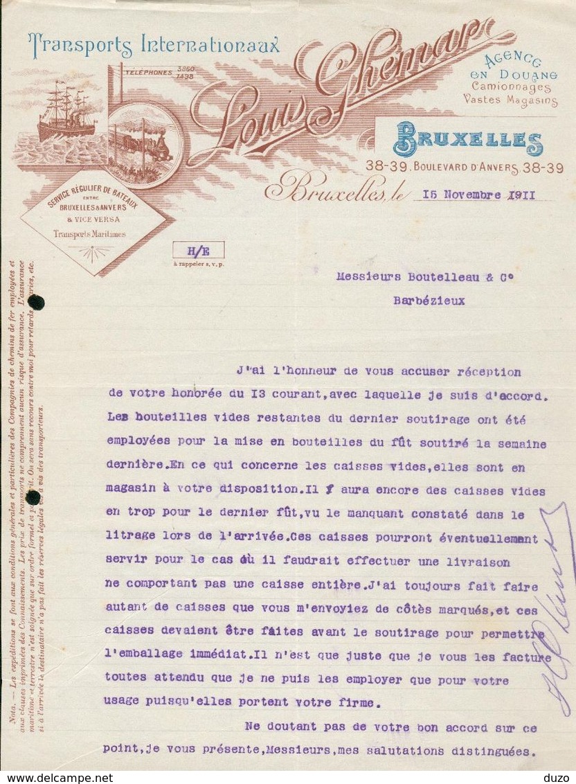 Bruxelles - Entête Du 15 Novembre 1911 - Transports Internationaux &  Maritimes - Louis Ghemar - Agence En Douane - Transport