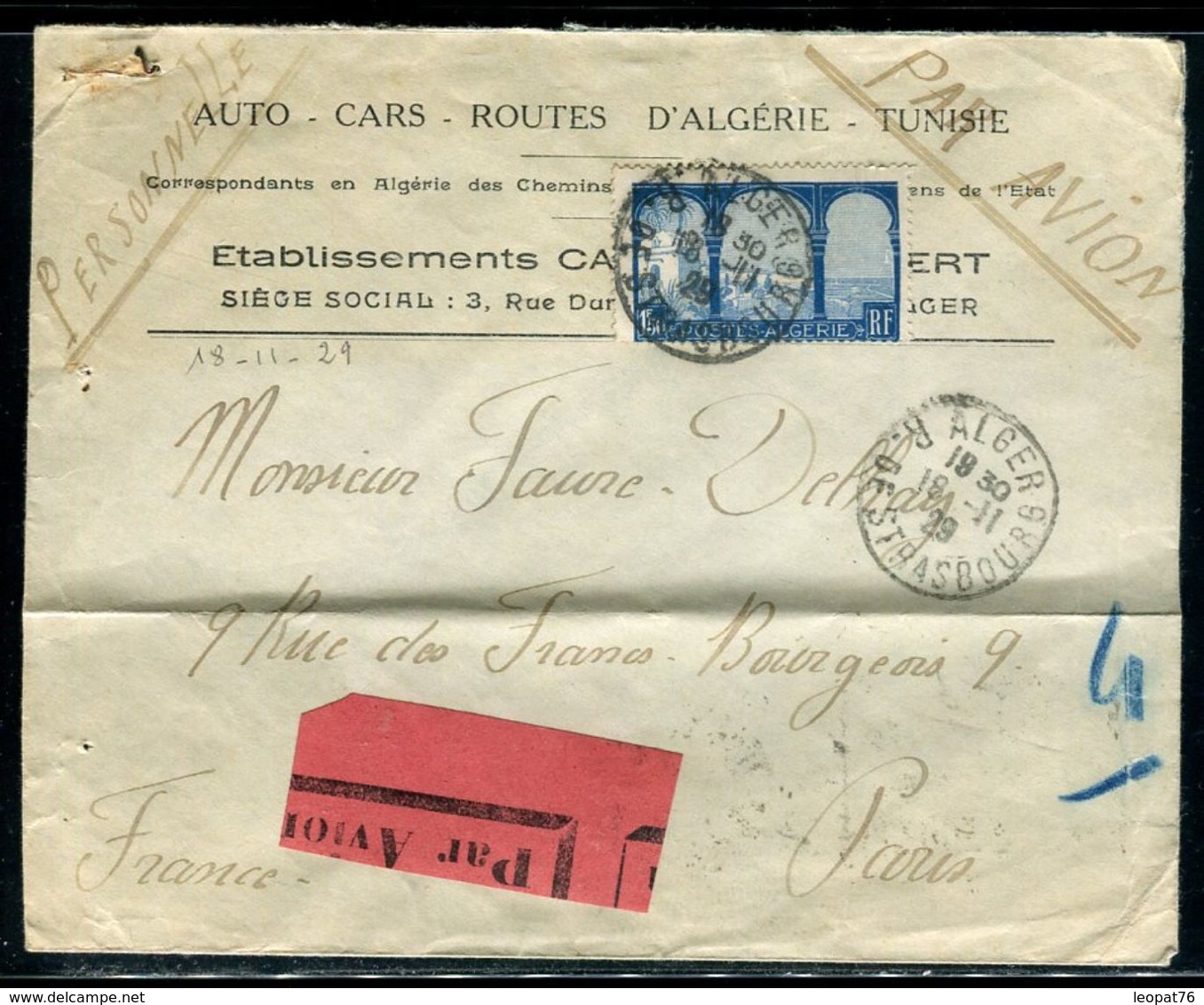 Algérie - Enveloppe Commerciale De Alger Pour Paris En 1929 Par Avion - Ref F97 - Cartas & Documentos