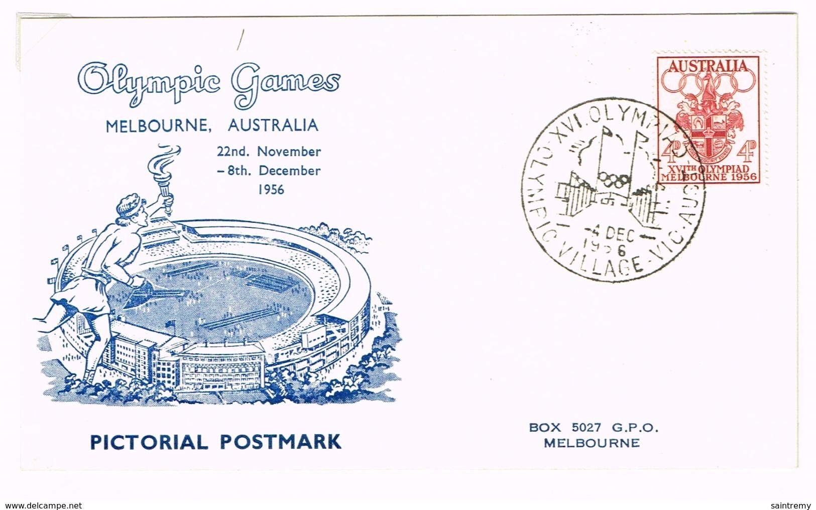 Olympic Games Melbourne Australia 4-12-56 Pictorial Postmark - Marcophilie