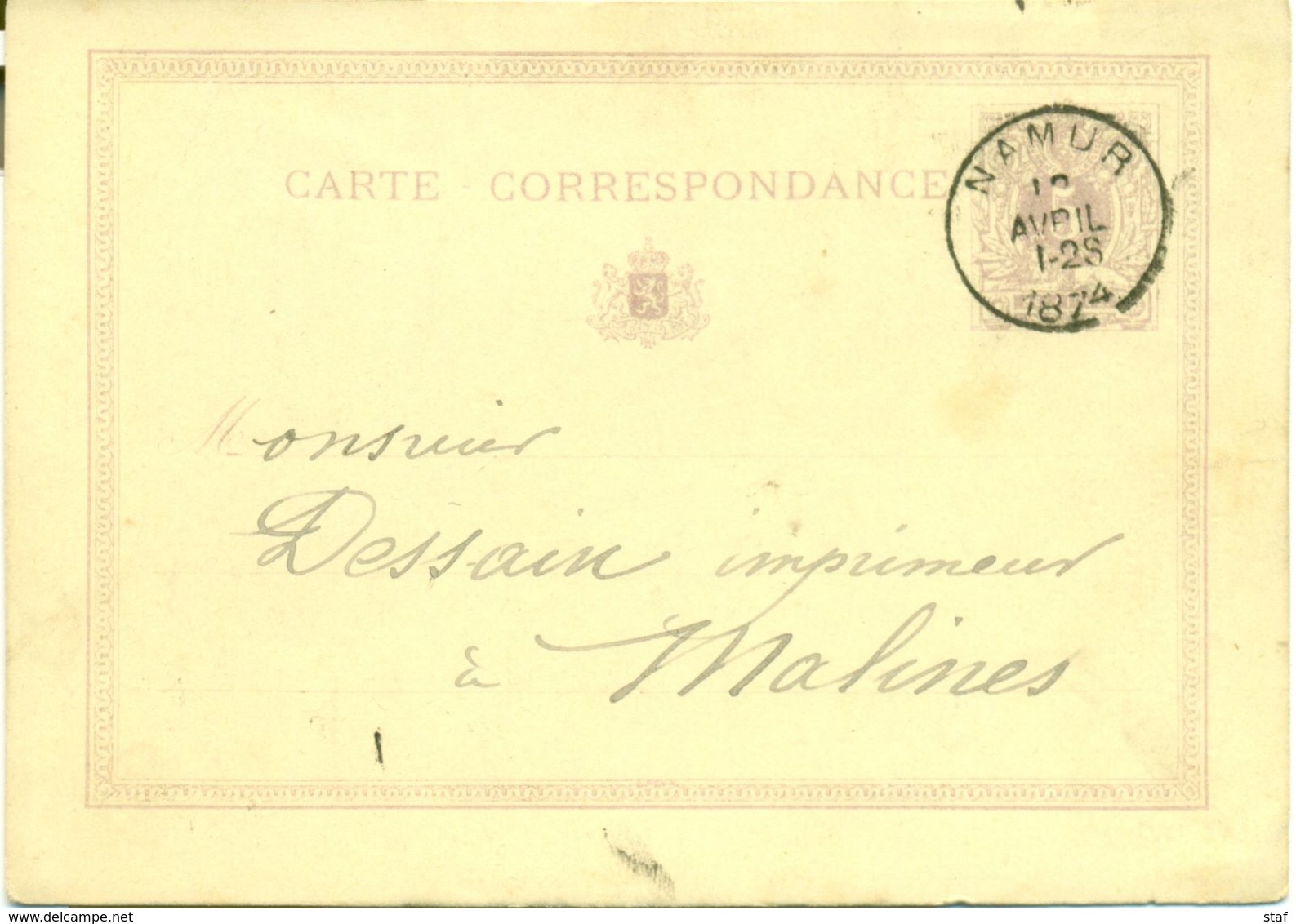 Briefkaart - Carte Correspondance Nr 3 Avec Cachet Namur 1874 - Cartoline 1871-1909
