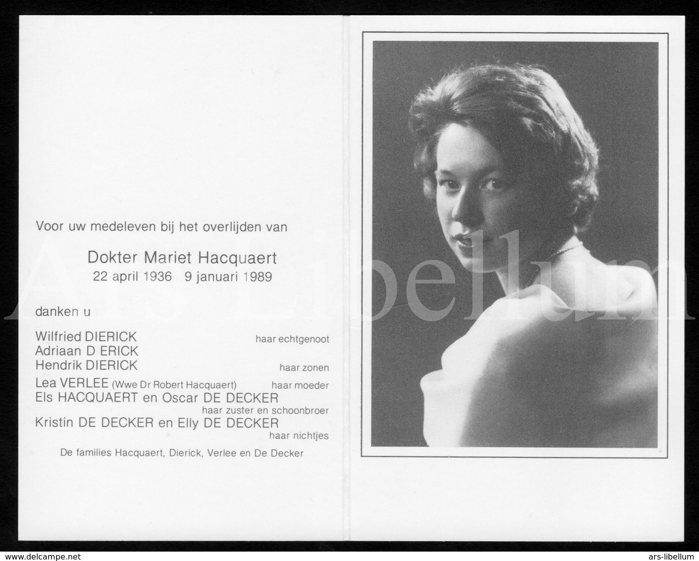 Doodsprentje / Bidprentje / Avis De Décès / Mortuaire / Dokter / Mariet Hacquaert / X Dierick / 1989 / 2 Scans - Décès