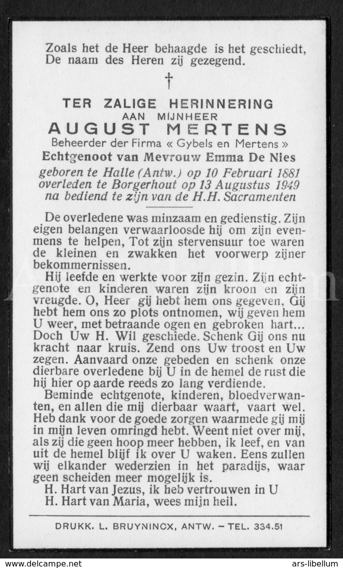 Doodsprentje / Bidprentje / Avis De Décès / Mortuaire / August Mertens / Gybels En Mertens / Halle / Borgerhout / 1949 - Todesanzeige