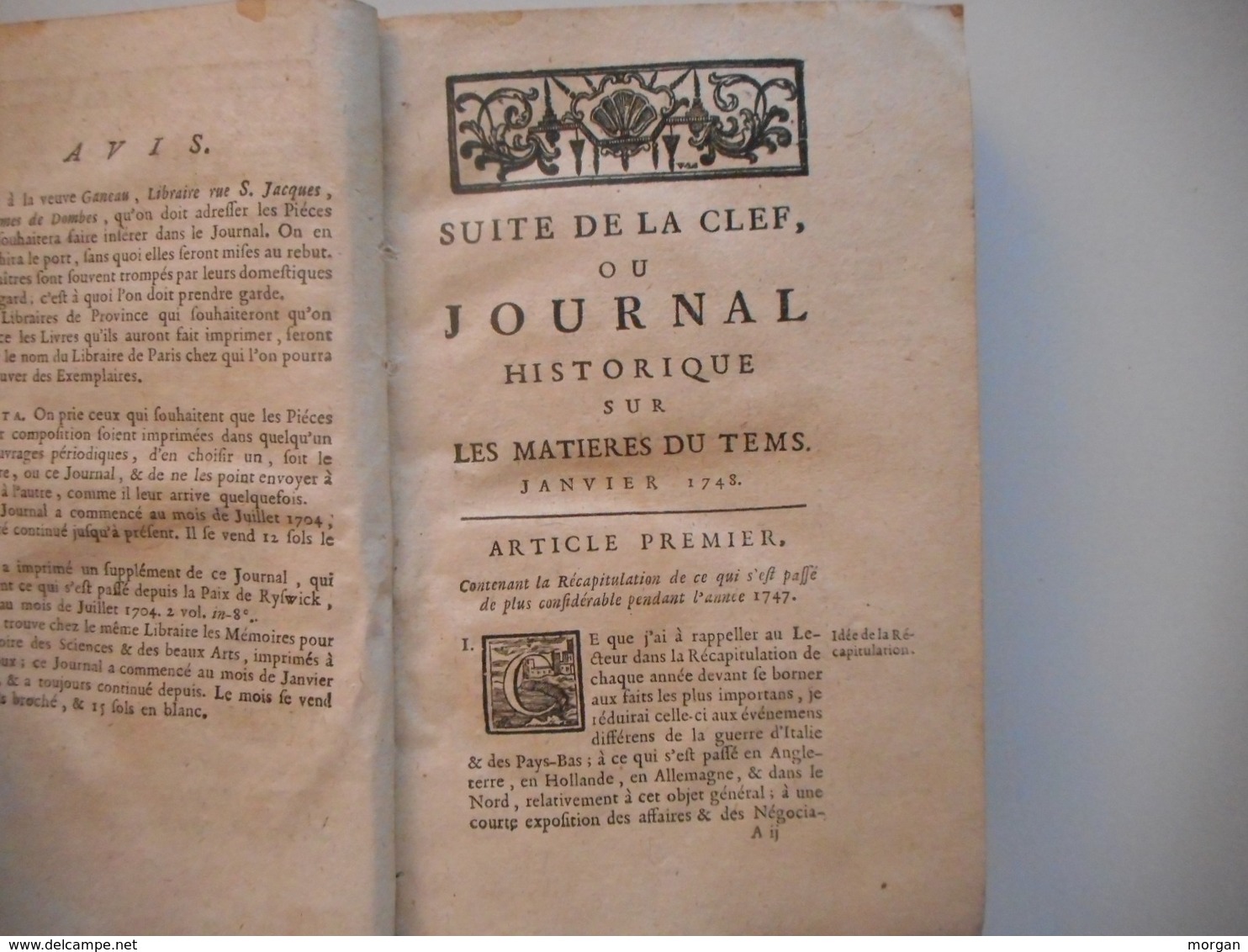 1748, SUITE DE LA CLEF OU JOURNAL HISTORIQUE, ANNEE COMPLETE 2 VOL. 1748, JOURNAL DE VERDUN 1748 - 1701-1800