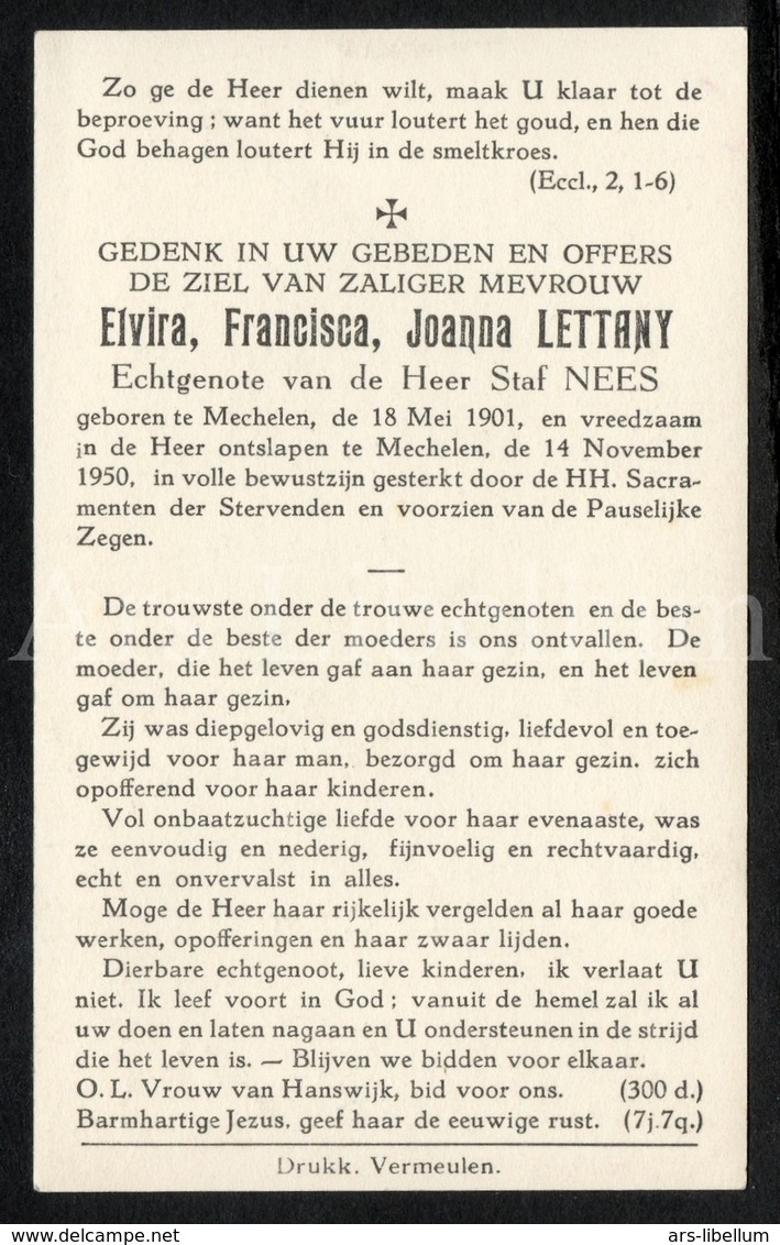 Doodsprentje / Bidprentje / Avis De Décès / Mortuaire / Elvira Francisca Joanna Lettany / Mechelen / 1950 / 2 Scans - Décès