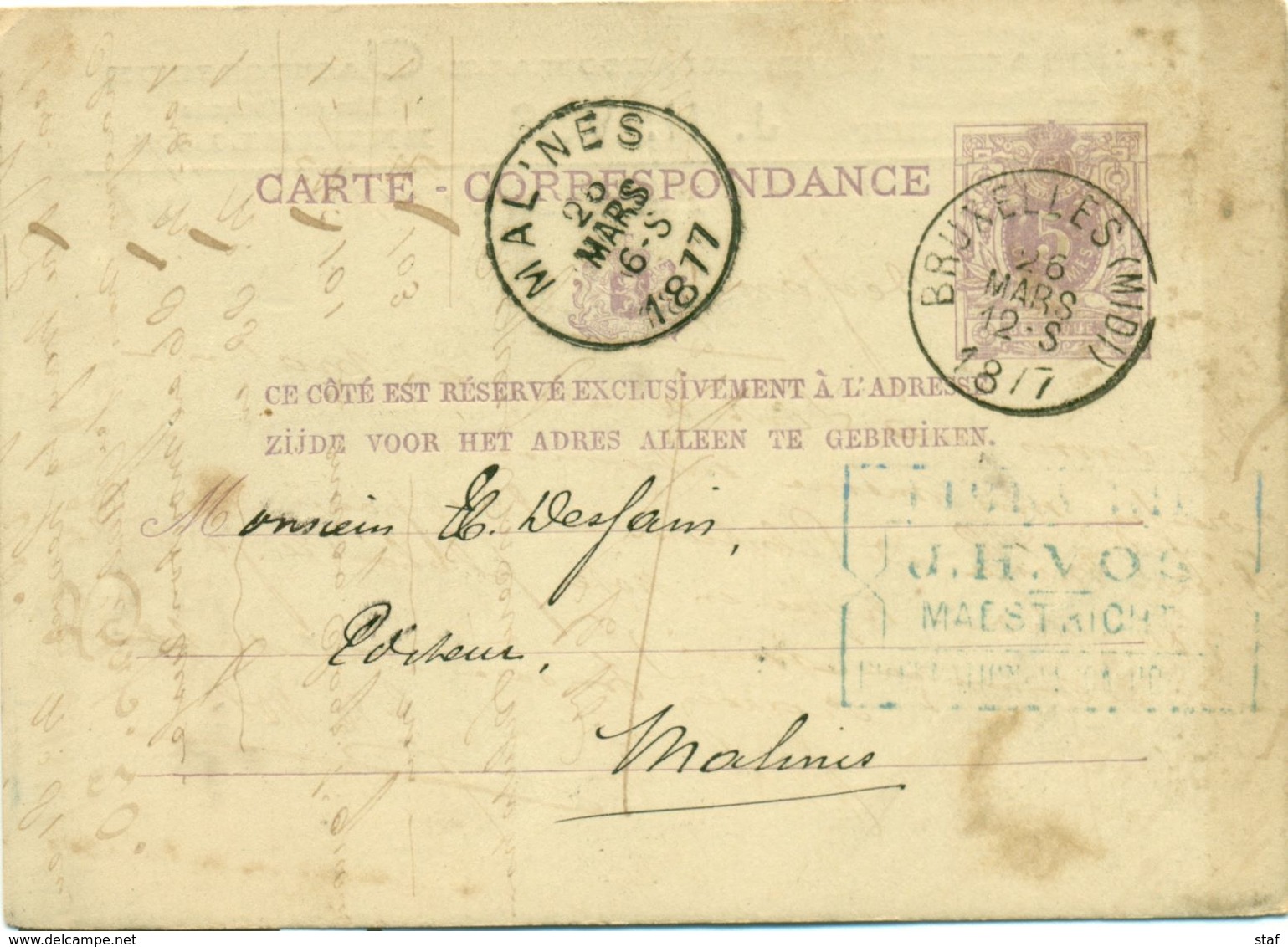 Briefkaart - Carte Correspondance Nr 9 - Afz. Librairie Internationale Catholique J. H. Vos Te Maestricht : 1877 - Imprimerie & Papeterie