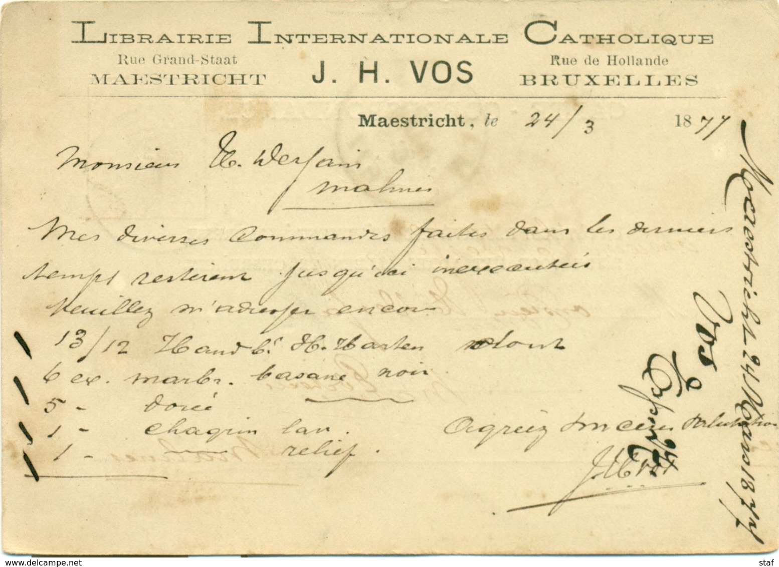 Briefkaart - Carte Correspondance Nr 9 - Afz. Librairie Internationale Catholique J. H. Vos Te Maestricht : 1877 - Drukkerij & Papieren