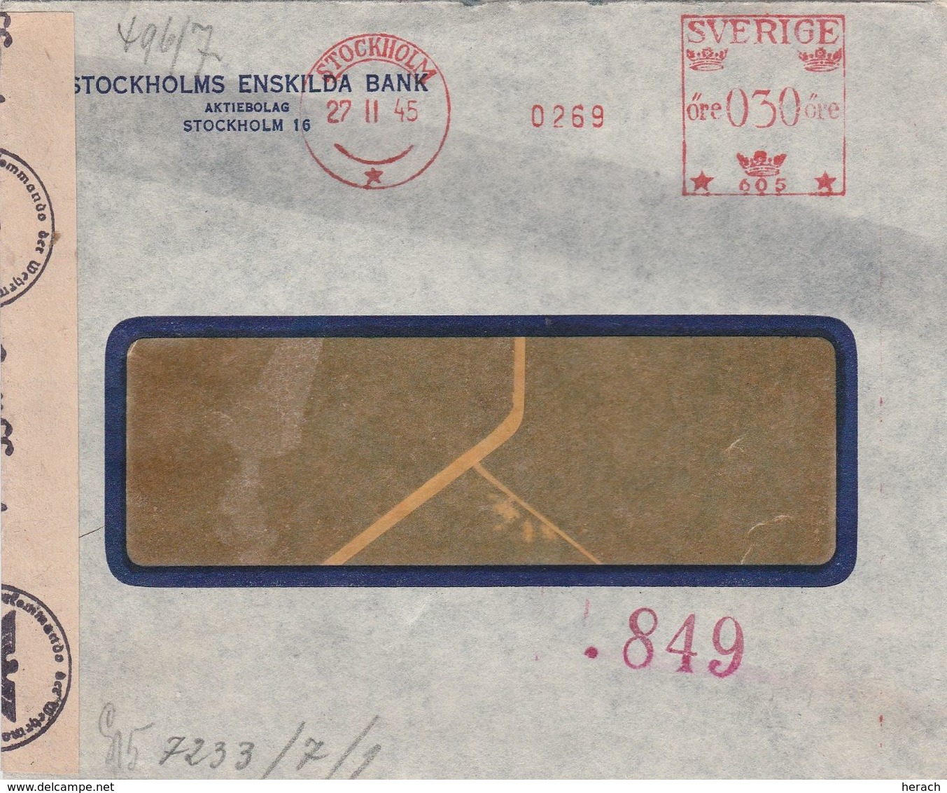 Suède EMA Stockholm Sur Lettre Censurée 1945 - 1930- ... Franqueo II