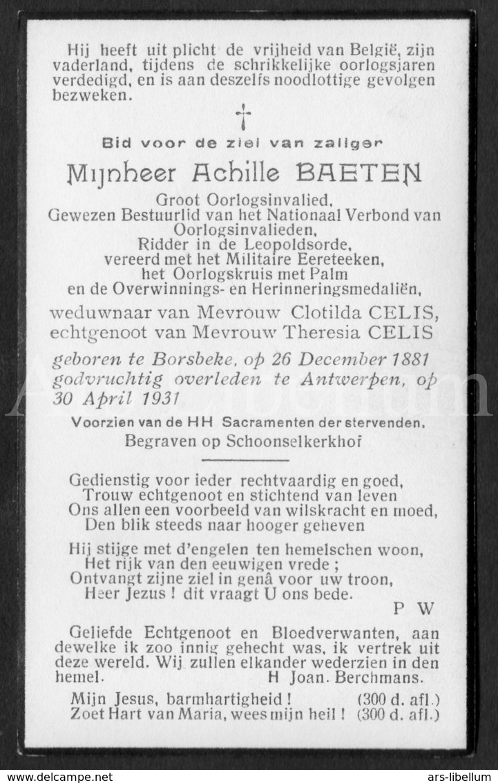 Doodsprentje / Bidprentje / Avis De Décès / Mortuaire / Achille Baeten / Borsbeke / Antwerpen / 1931 / 2 Scans - Overlijden