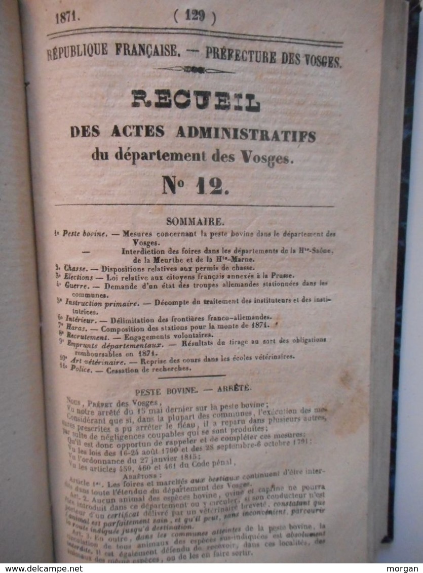 VOSGES, 1871 - RECUEIL DES ACTES ADMINISTRATIFS DU DEPARTEMENT DES VOSGES, 1871, ARCHIVES - Lorraine - Vosges