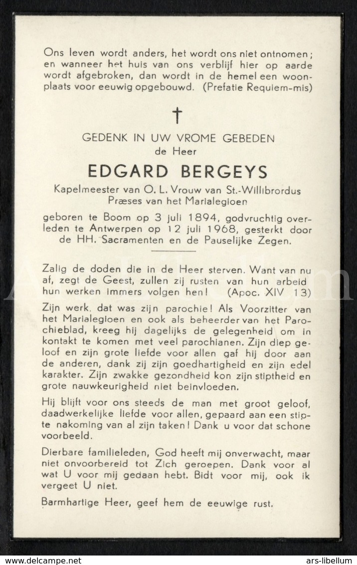 Doodsprentje / Bidprentje / Avis De Décès / Mortuaire / Edgard Bergeys / Kapelmeester / Boom / Antwerpen / 1968 - Todesanzeige