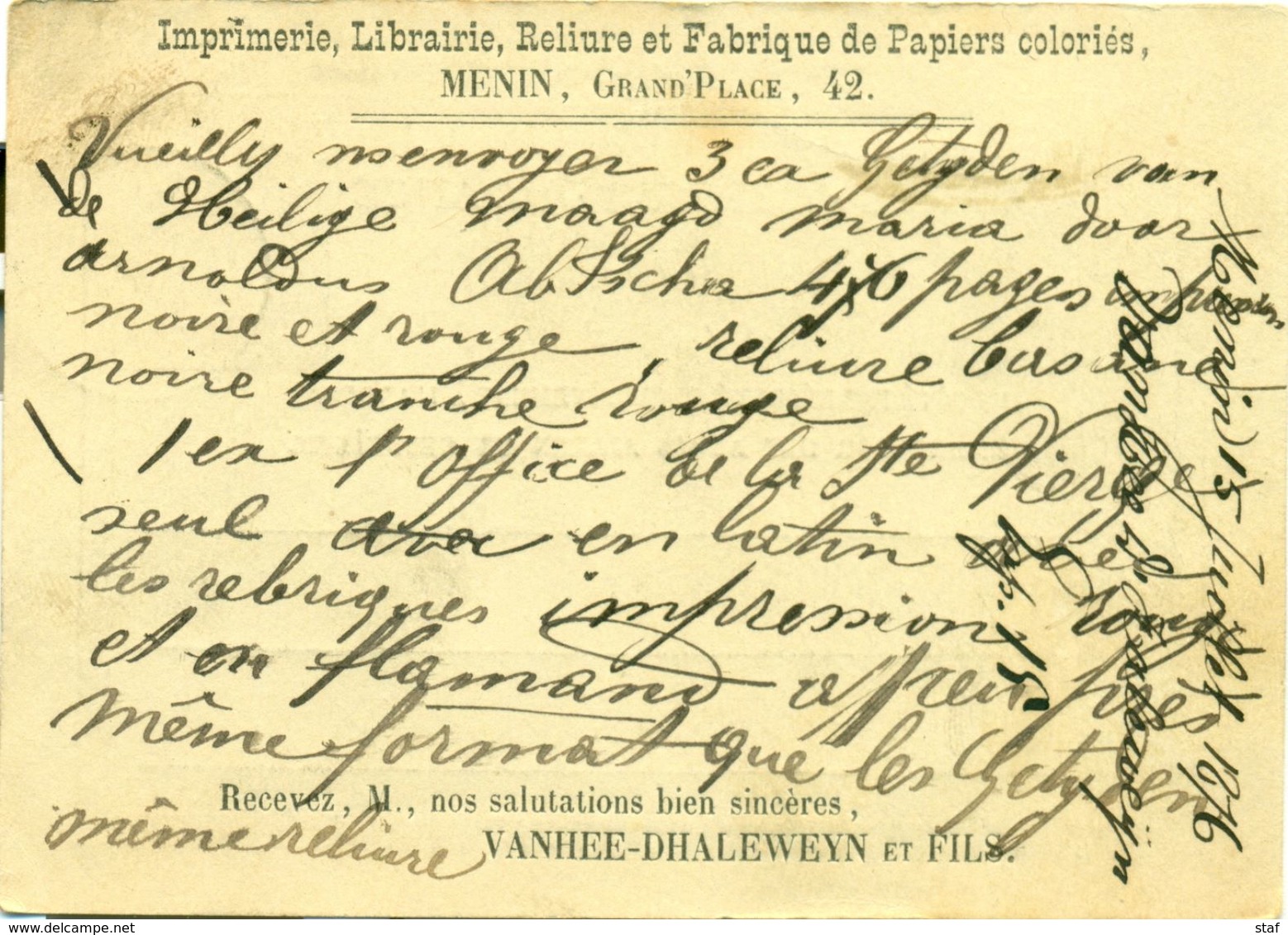 Briefkaart - Carte Correspondance Nr 6 Exp. Imprimerie, Librairie ....Vanhee-Dhaleweyn Et Fils à Menin 1876 - Printing & Stationeries