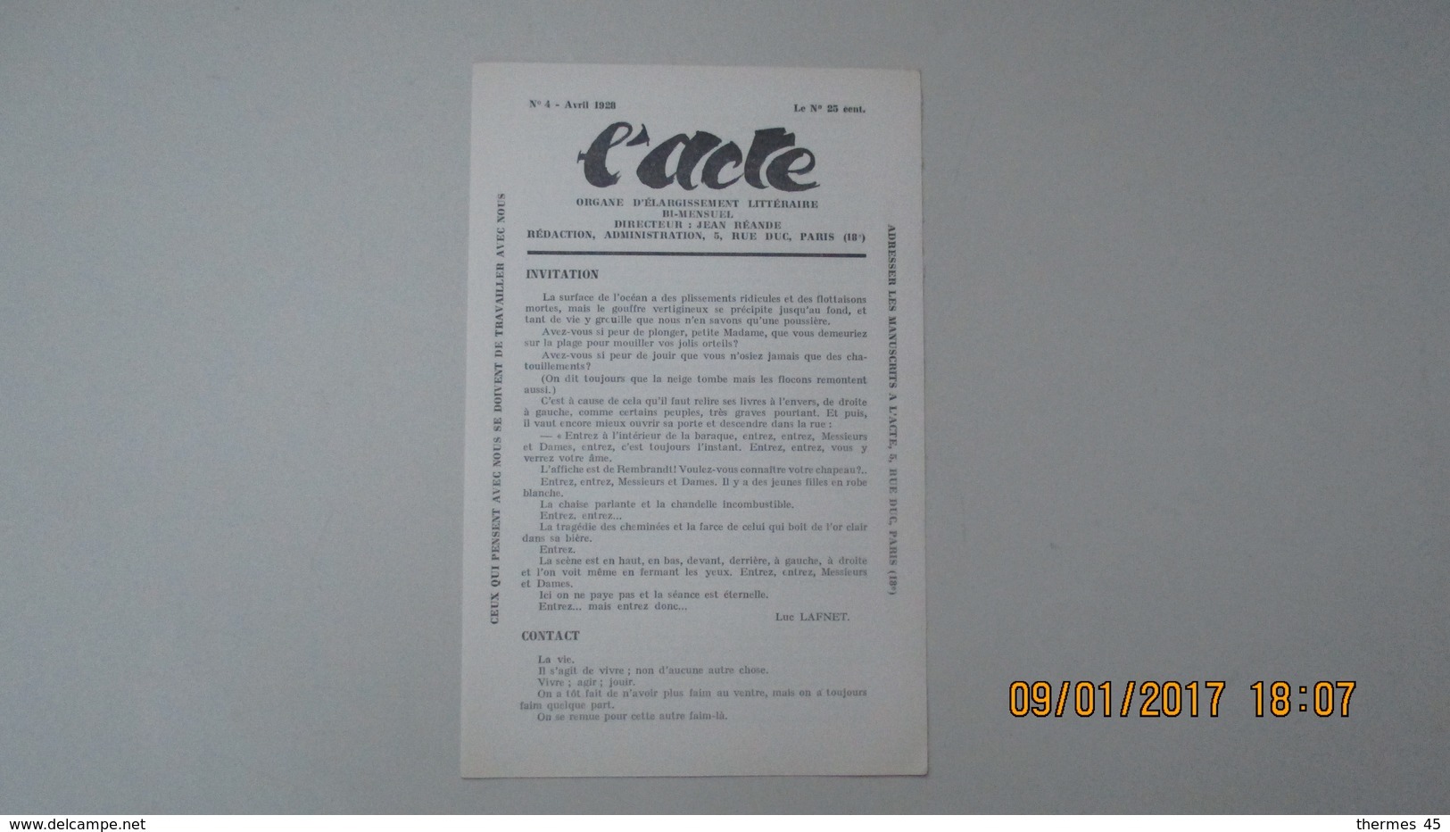 L'ACTE / N° 4 - AVRIL 1928 / BI-MENSUEL / DIRECTEUR JEAN REANDE - 1900 - 1949