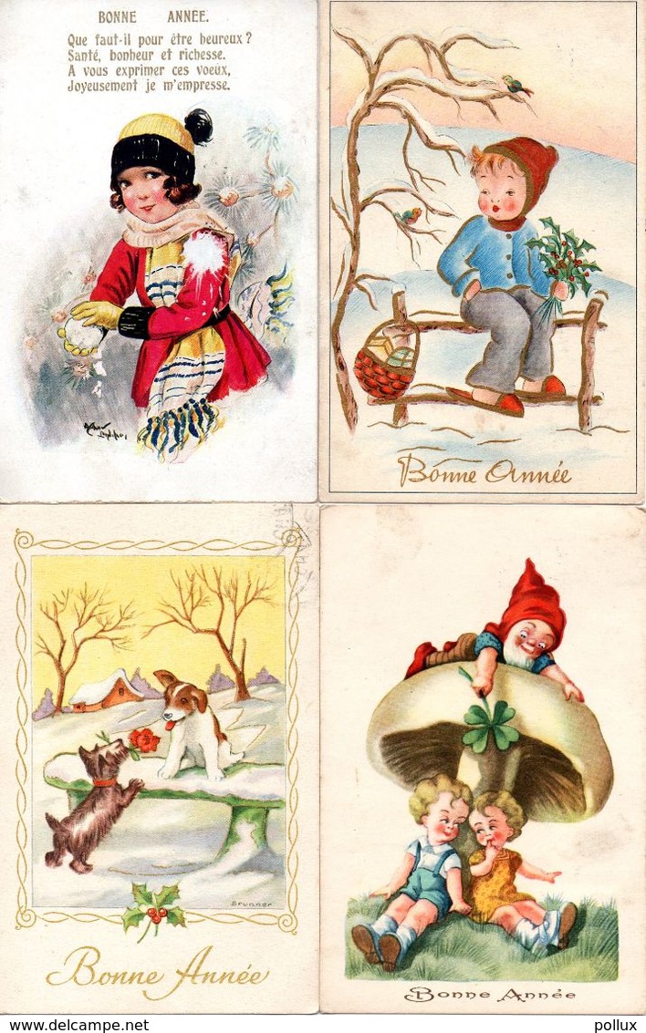 4 Cartes Bonne Année,enfants,chiens Honden, Trèfle,houx,nain,champignon, 2 Scans - New Year