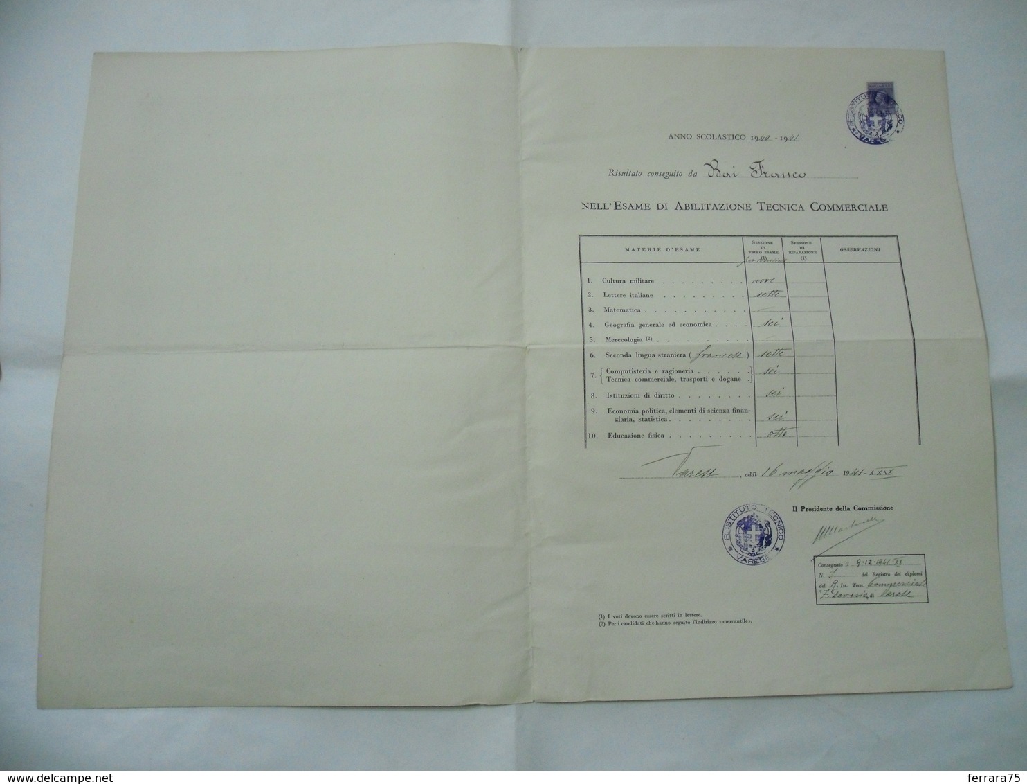 WW1 WW2 ITALIAN FASCIST DIPLOMA DI RAGIONIERE E PERITO COMMERCIALE. - Diploma & School Reports