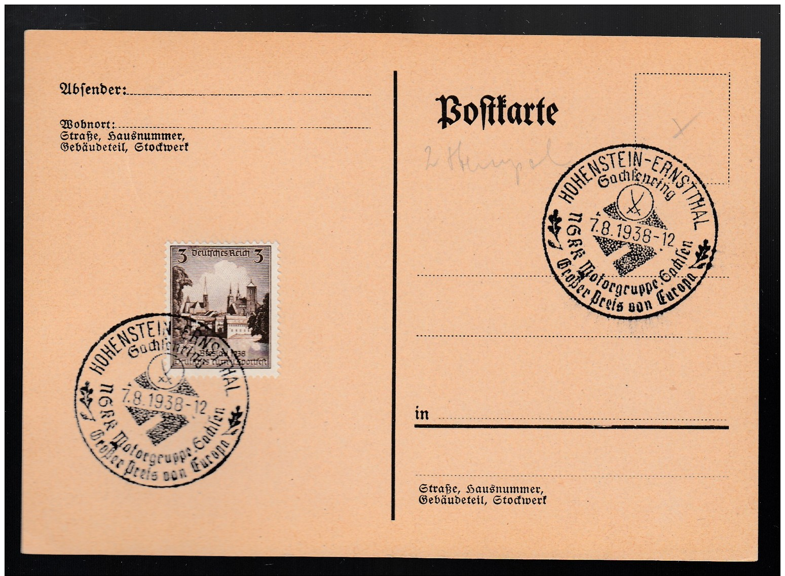 DR Postkarte Sonderstempel 1938 Hohenstein Ernstthal Ungelaufen K1515 - Maschinenstempel (EMA)