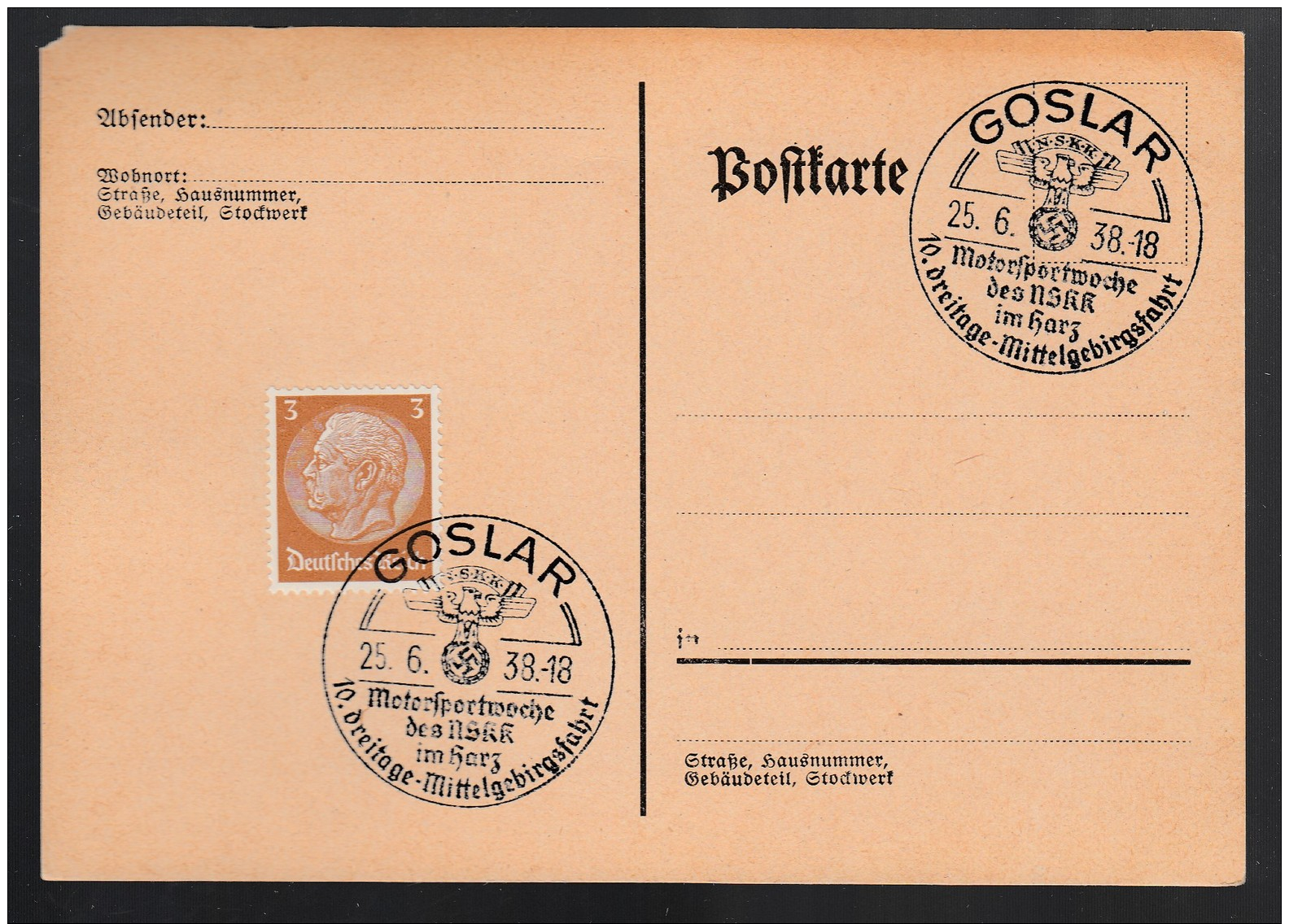 DR Postkarte Sonderstempel 1938 Goslar Ungelaufen K1518 - Maschinenstempel (EMA)