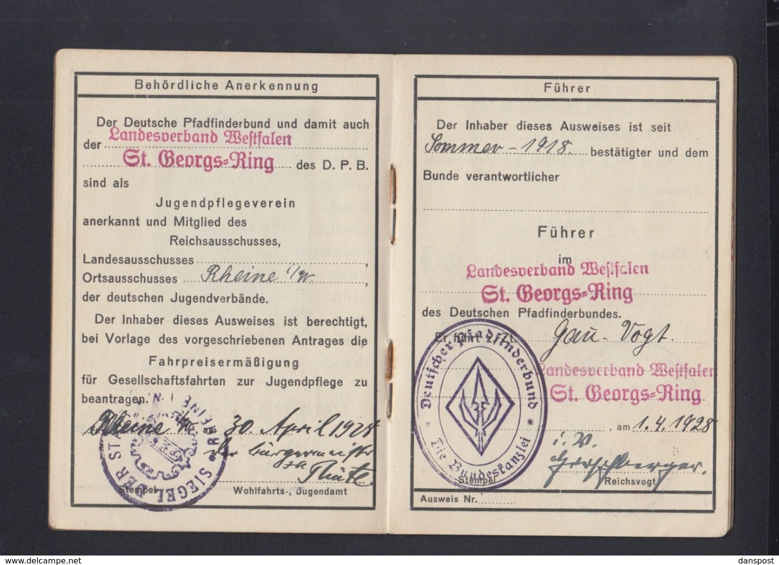 Deutscher Pfadfinder Bund Führer-Ausweis 1928 - Documents Historiques