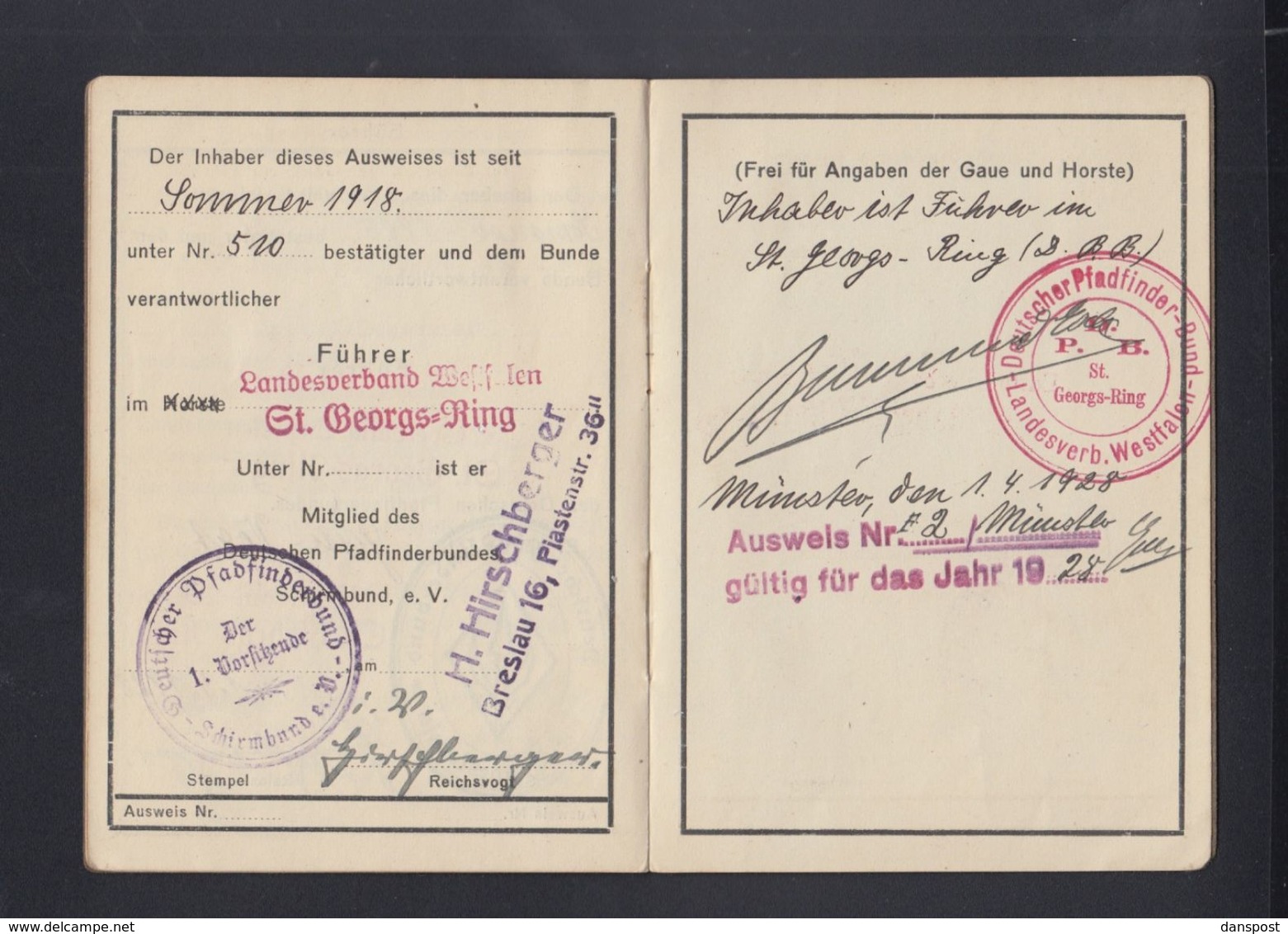 Deutscher Pfadfinder Bund Führer-Ausweis 1928 - Documents Historiques