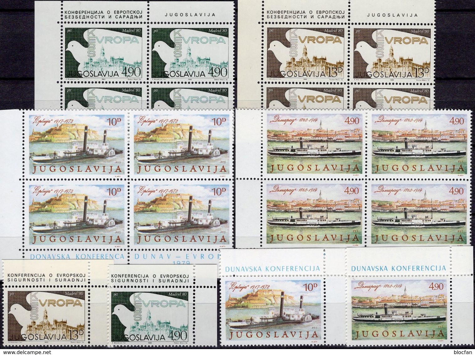 Donaukonferenz 1979 Jugoslavija 1816/7+1857/8+4-Block ** 10€ Taube Hoja River S/s CEPT M/s Ships Se-tenants Bf KSZE - Neufs