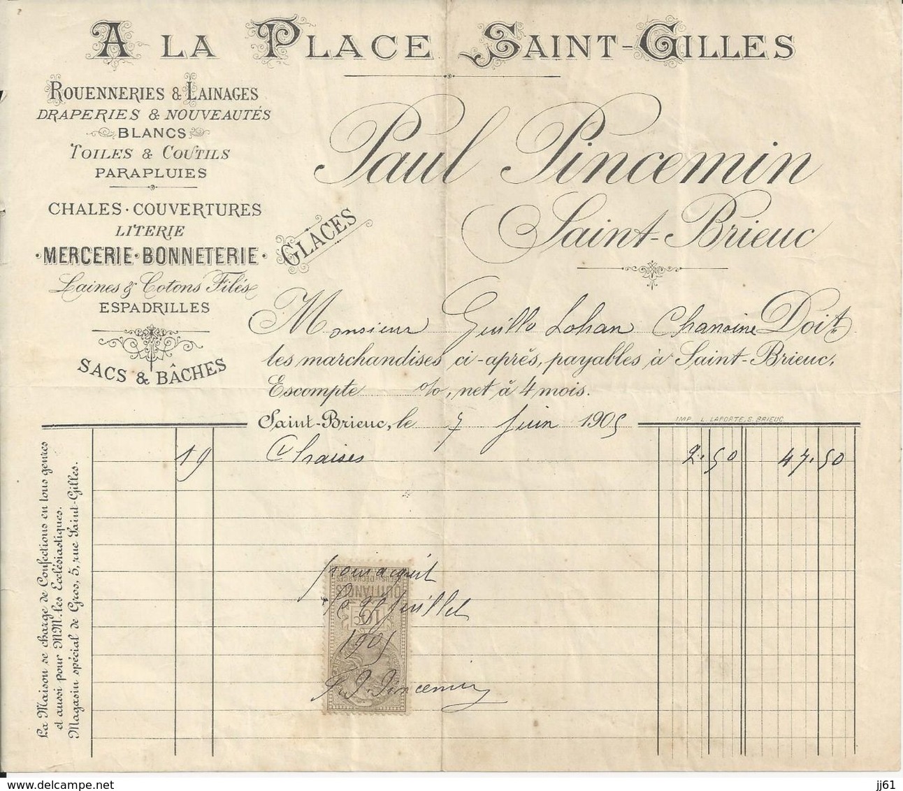 SAINT BRIEUC PAUL PINCEMIN TISSUS EN GROS ROUENNERIES LAINAGES DRAPERIES TOILES PARAPLUIES COUTILS BLANC SACS ANNEE 1905 - Other & Unclassified