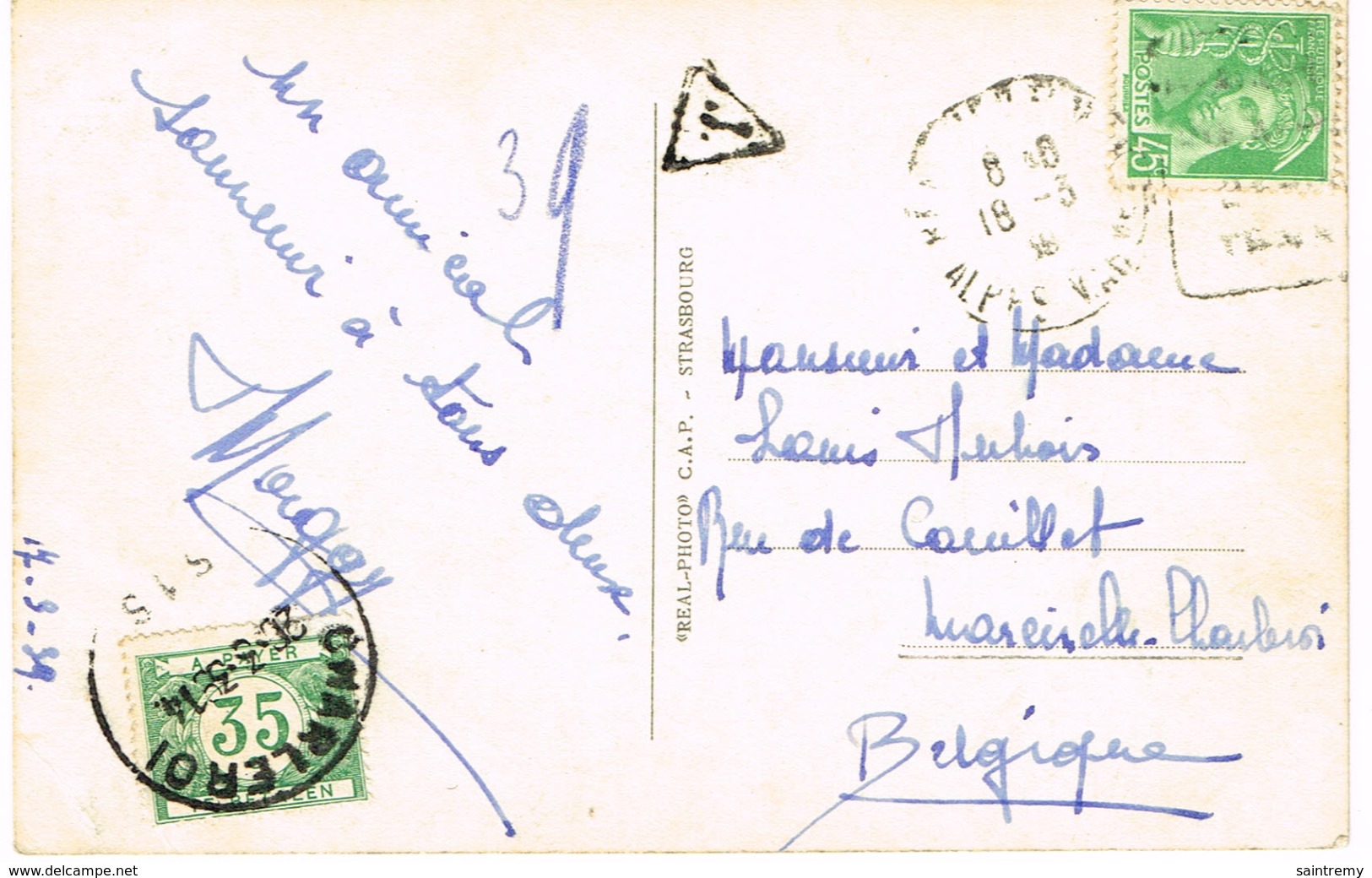 Carte Postale De France Vers Charleroi Taxe De 35 C Le 420-3-1939 - Otros & Sin Clasificación