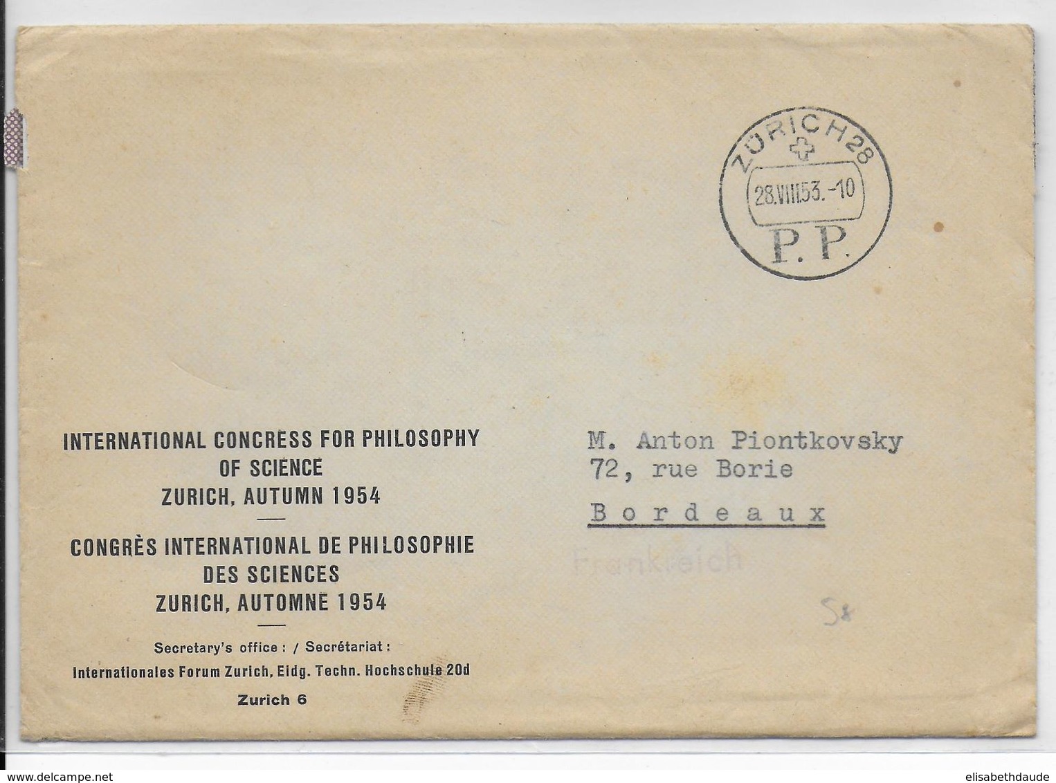 SUISSE - 1953 - ENVELOPPE PORT PAYE De ZÜRICH => BORDEAUX - Postmark Collection