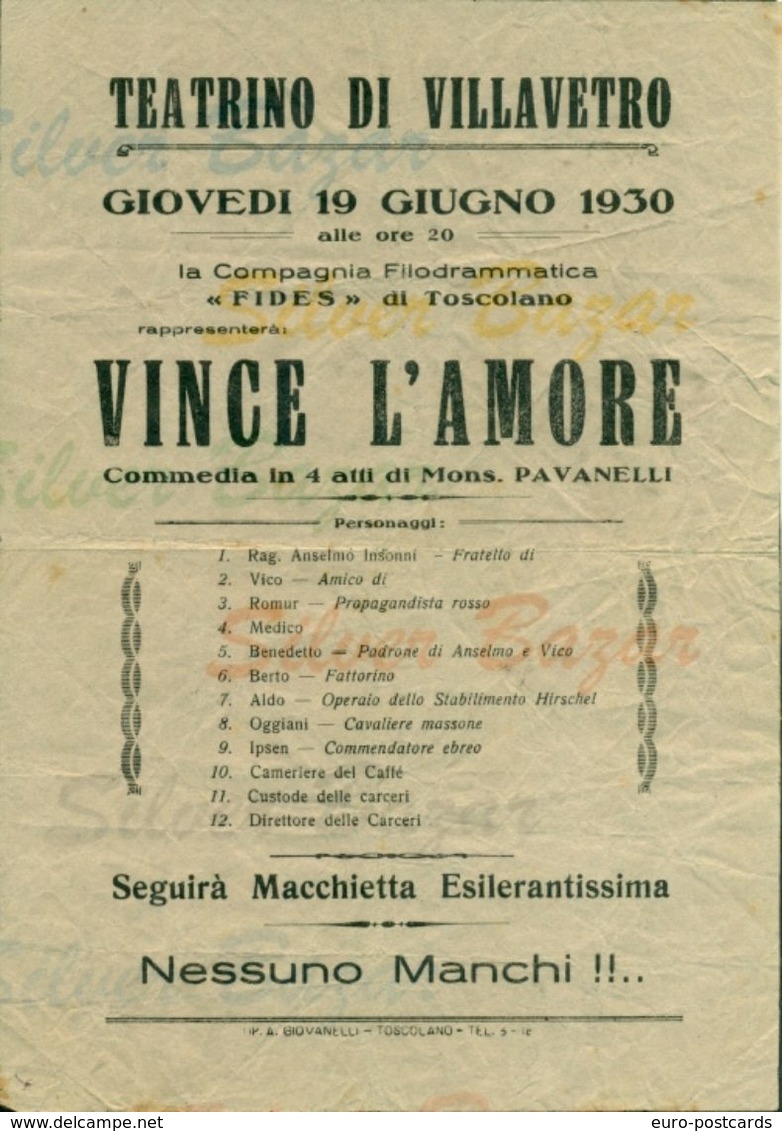 TOSCOLANO-TEATRINO DI VILLAVETRO- 1930 - COMMEDIE- VINCE L'AMORE-MONS. PAVANELLI-VOLANTINO-LOCANDINA -CM 17 X 24 - Affiches