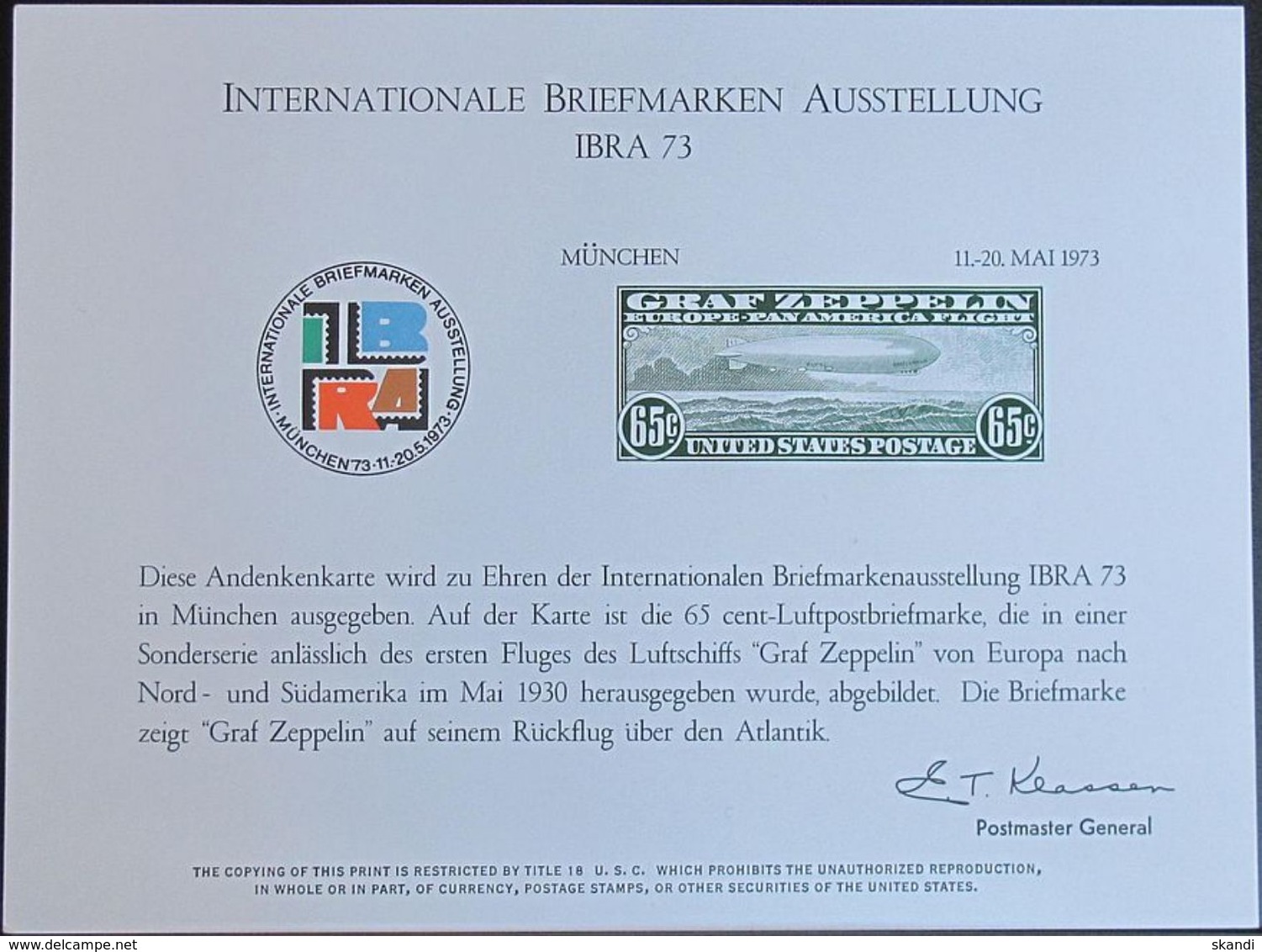 USA 1973 Souvenir Card München IBRA 73 - Cartes Souvenir