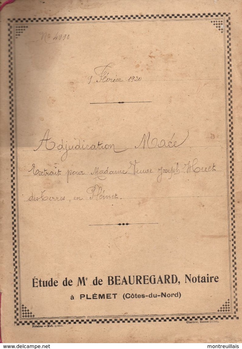 Acte Adjudication MACE De 1920, étude BEAUREGARD, Notaire à PLEMET (22), 12 Pages, Terre Ou Pré - Manuscripts