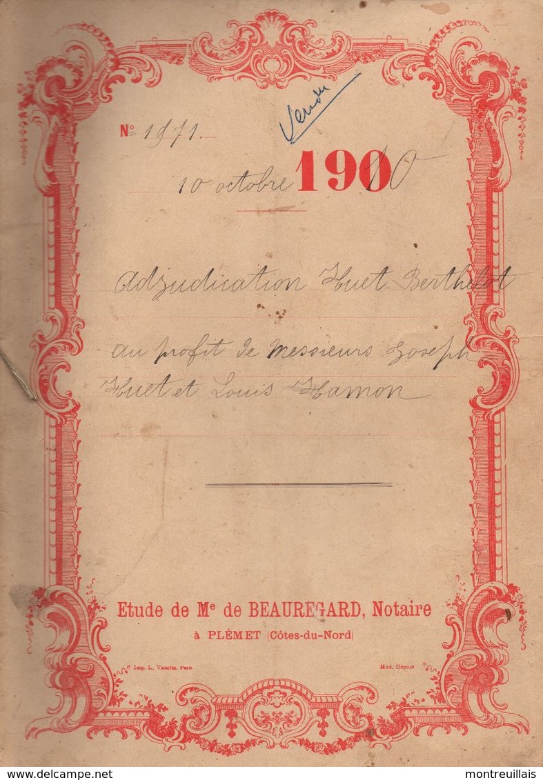 Acte Adjudication HUET 4 Lots De 1910, étude BEAUREGARD, Notaire à PLEMET (22), Cote D'Armor, 12 Pages, Généalogie - Manuscrits