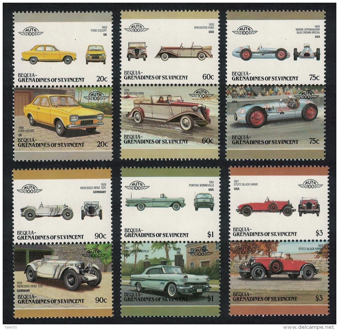 Bequia Classic Cars 6 Pairs 6th Issue SC#93=127 - St.Vincent & Grenadines